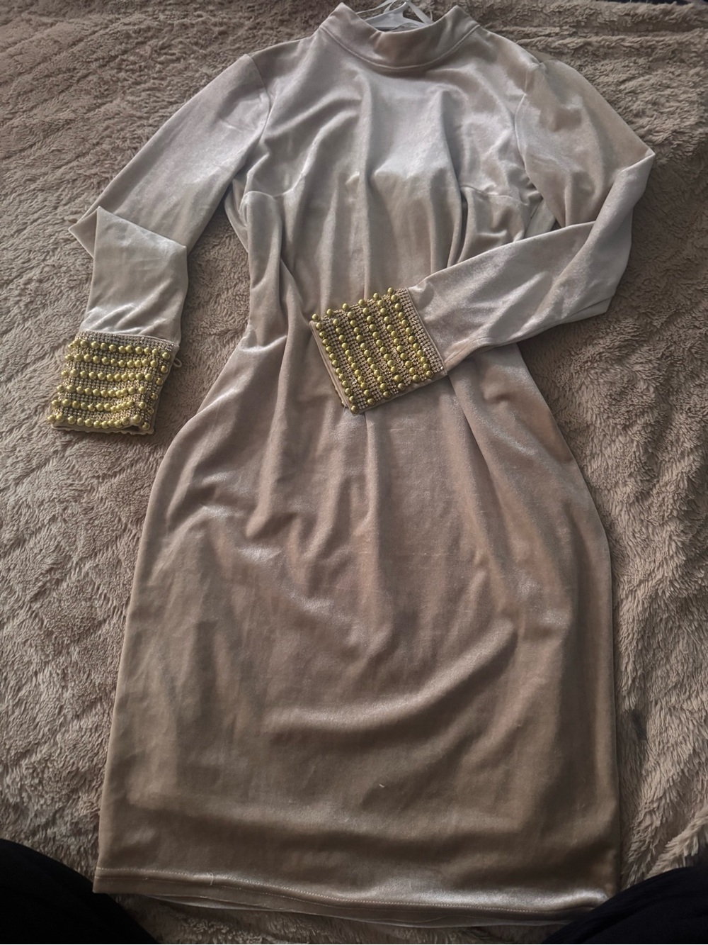 the clothing company Taupe Velvet Long-Sleeve Midi Dress with Gold Beaded Cuffs